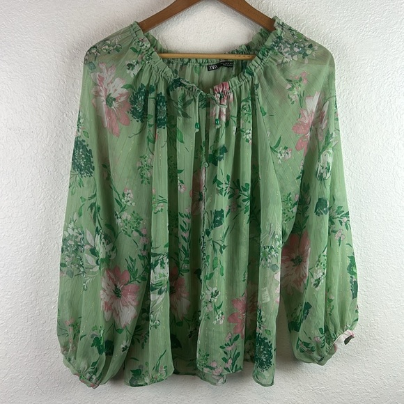 Zara floral metallic gold detail sheer button tie blouse M - Picture 2 of 11